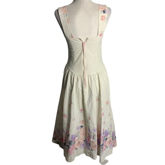 Vintage 80s Floral Stripe Swing Dress S White Sleeveless Boning Cottage Core - Picture 5 of 8